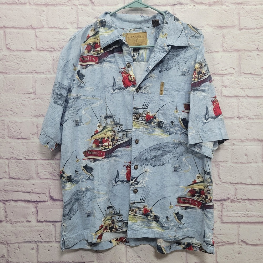 North River Santa Fishing Christmas Shirt Mens L Hawaiian Camp AOP Coastal *READ